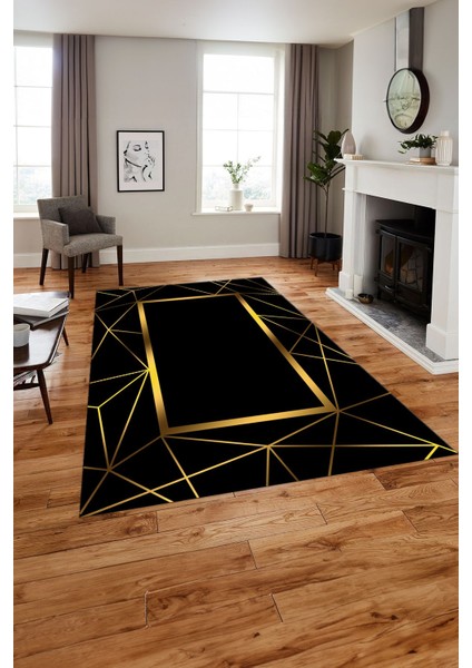 Baskılı Mermer Zigzag Desenli Kaymaz Yıkanabilir Yolluk Mutfak Salon Halısı, Mermer-79-Gold,