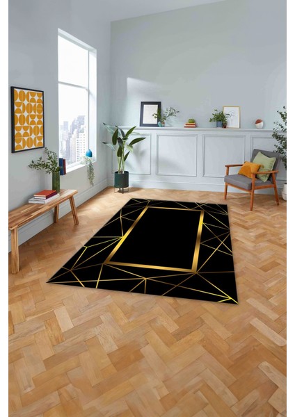 Baskılı Mermer Zigzag Desenli Kaymaz Yıkanabilir Yolluk Mutfak Salon Halısı, Mermer-79-Gold,