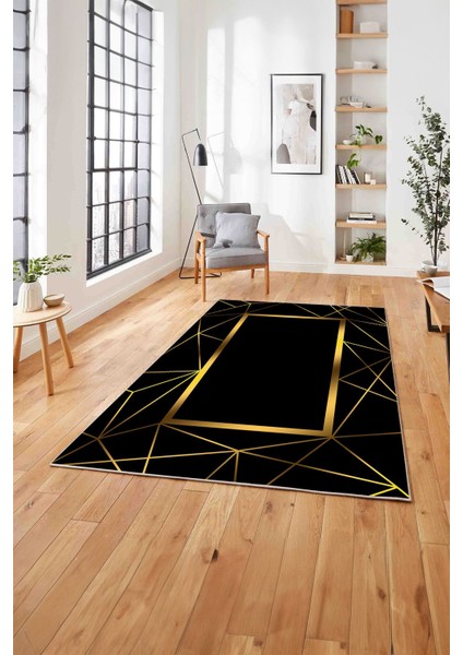 Baskılı Mermer Zigzag Desenli Kaymaz Yıkanabilir Yolluk Mutfak Salon Halısı, Mermer-79-Gold,
