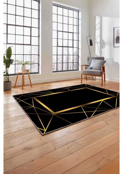 Baskılı Mermer Zigzag Desenli Kaymaz Yıkanabilir Yolluk Mutfak Salon Halısı, Mermer-79-Gold,