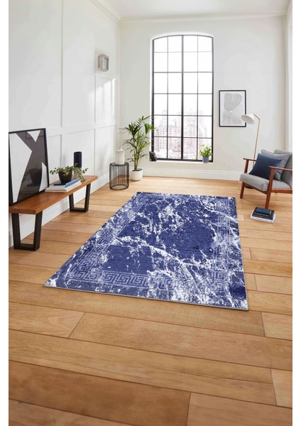 Baskılı Mermer Klasik Modern Kaymaz Yıkanabilir Yolluk Mutfak Salon Halısı, Mermer-80-Lacivert,