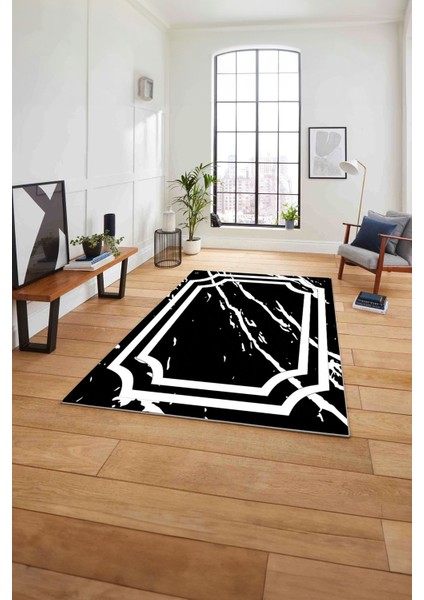 Baskılı Mermer Zemin Motifli Kaymaz Yıkanabilir Yolluk Mutfak Salon Halısı, Mermer-64-Siyah,