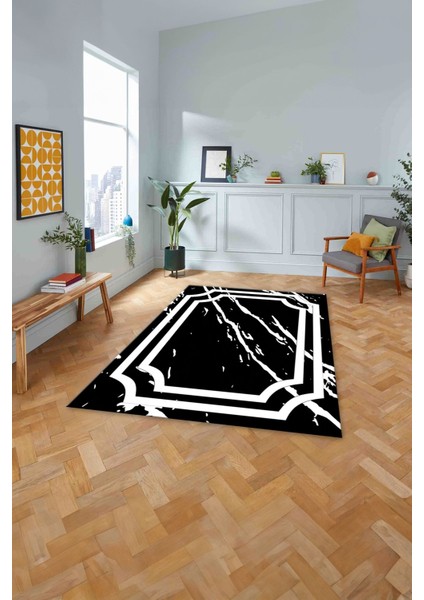 Baskılı Mermer Zemin Motifli Kaymaz Yıkanabilir Yolluk Mutfak Salon Halısı, Mermer-64-Siyah, modelleri