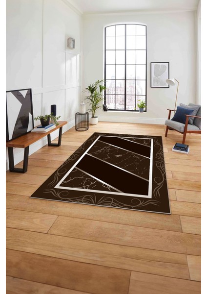 Baskılı Mermer Çerçeveli Modern Kaymaz Yıkanabilir Yolluk Mutfak Salon Halısı, Mermer-68-Kahve,