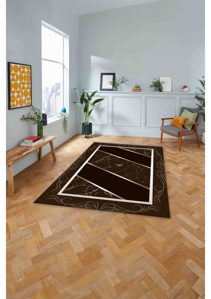 Baskılı Mermer Çerçeveli Modern Kaymaz Yıkanabilir Yolluk Mutfak Salon Halısı, Mermer-68-Kahve,