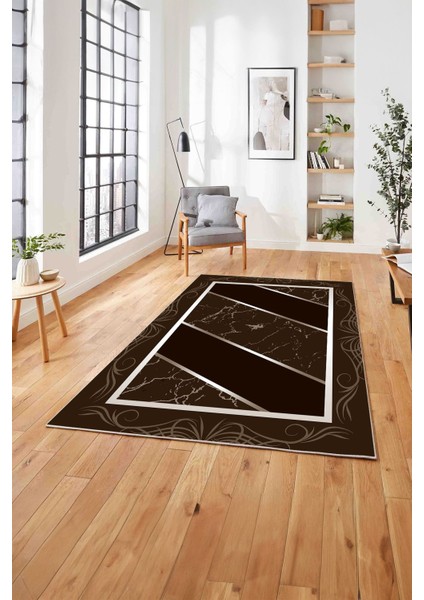 Baskılı Mermer Çerçeveli Modern Kaymaz Yıkanabilir Yolluk Mutfak Salon Halısı, Mermer-68-Kahve,