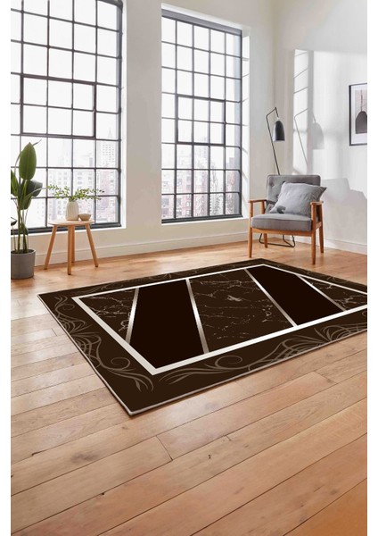 Baskılı Mermer Çerçeveli Modern Kaymaz Yıkanabilir Yolluk Mutfak Salon Halısı, Mermer-68-Kahve,