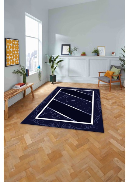 Baskılı Mermer Çerçeveli Modern Kaymaz Yıkanabilir Yolluk Mutfak Salon Halısı, Mermer-68-Lacivert, modelleri