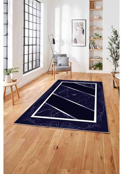 Baskılı Mermer Çerçeveli Modern Kaymaz Yıkanabilir Yolluk Mutfak Salon Halısı, Mermer-68-Lacivert, fırsatları