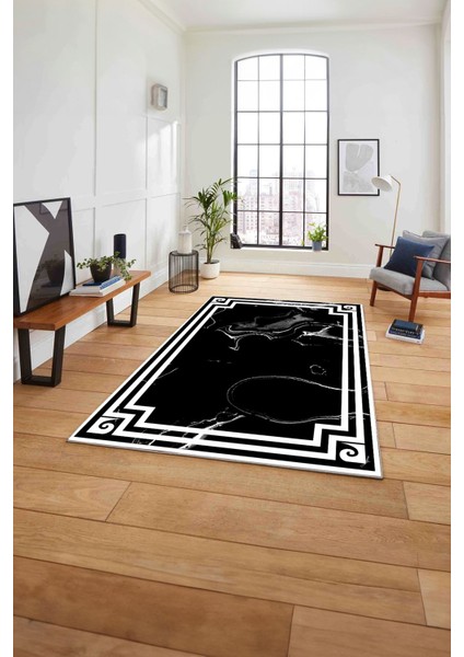 Dijital Baskılı Mermer Desen Kaymaz Yıkanabilir Yolluk Mutfak Salon Halısı, Mermer-63-Siyah,