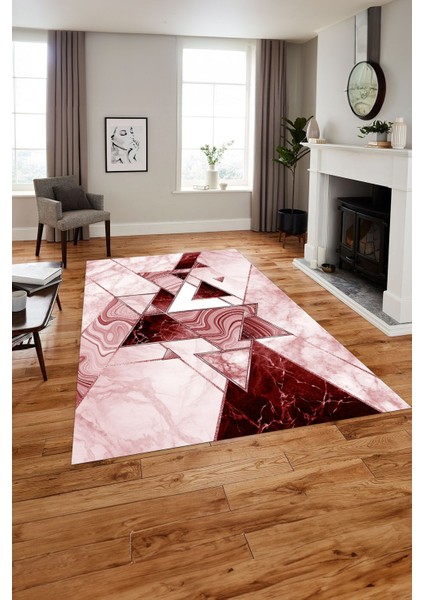 Baskılı Mermer Geometrik Model Kaymaz Yıkanabilir Yolluk Mutfak Salon Halısı, Mermer-77-Pembe,
