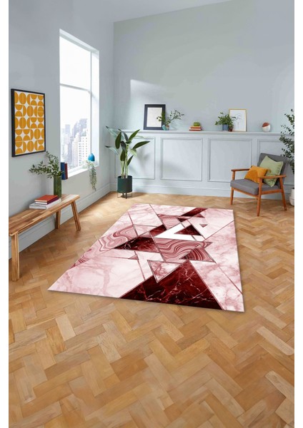 Baskılı Mermer Geometrik Model Kaymaz Yıkanabilir Yolluk Mutfak Salon Halısı, Mermer-77-Pembe,