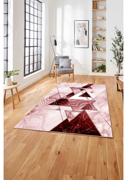 Baskılı Mermer Geometrik Model Kaymaz Yıkanabilir Yolluk Mutfak Salon Halısı, Mermer-77-Pembe,