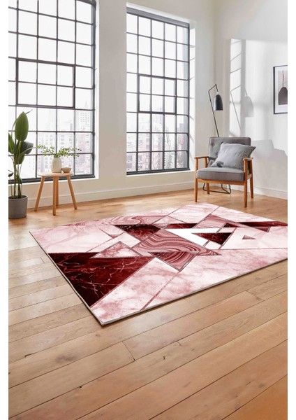 Baskılı Mermer Geometrik Model Kaymaz Yıkanabilir Yolluk Mutfak Salon Halısı, Mermer-77-Pembe,