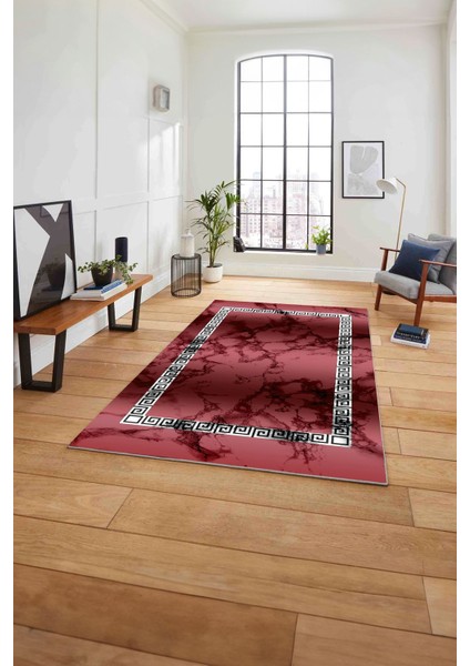 Baskılı Mermer Çerçeveli Model Kaymaz Yıkanabilir Yolluk Mutfak Salon Halısı, Mermer-48-Bordo,