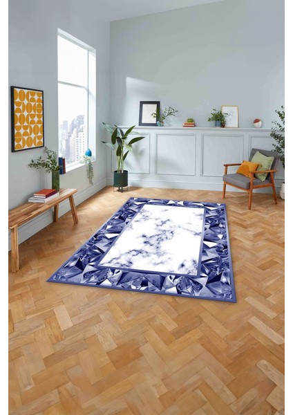 Baskılı Mermer Çerçeve Modern Sade Kaymaz Yıkanabilir Yolluk Mutfak Salon Halısı,Mermer-71-Lacivert,