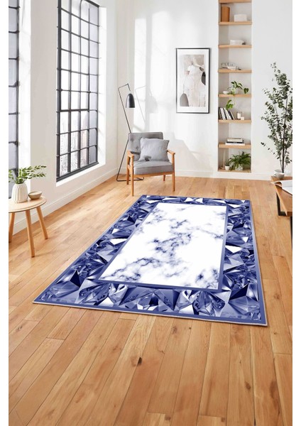 Baskılı Mermer Çerçeve Modern Sade Kaymaz Yıkanabilir Yolluk Mutfak Salon Halısı,Mermer-71-Lacivert,