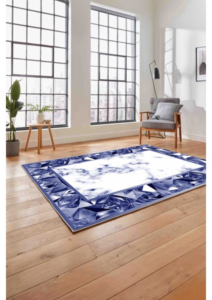 Baskılı Mermer Çerçeve Modern Sade Kaymaz Yıkanabilir Yolluk Mutfak Salon Halısı,Mermer-71-Lacivert,