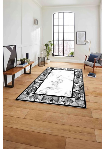 Baskılı Mermer Çerçeve Modern Sade Kaymaz Yıkanabilir Yolluk Mutfak Salon Halısı, Mermer-71-Gri,