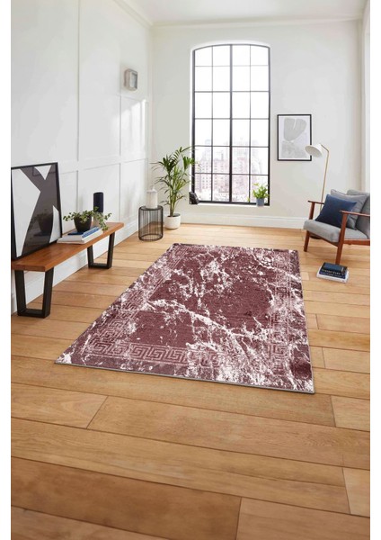 Baskılı Mermer Klasik Modern Kaymaz Yıkanabilir Yolluk Mutfak Salon Halısı, Mermer-80-Pembe,