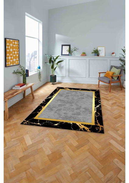 Baskılı Mermer Çerçeveli Modern Kaymaz Yıkanabilir Yolluk Mutfak Salon Halısı, Mermer-67-Siyah,