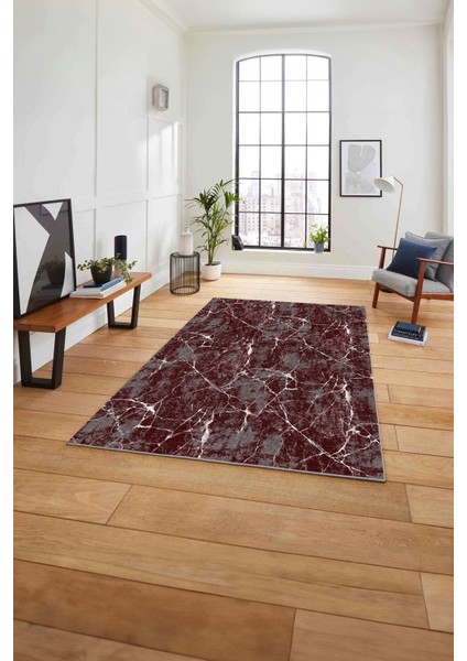 Dijital Baskılı Mermer Zemin Sade Kaymaz Yıkanabilir Yolluk Mutfak Salon Halısı, Mermer-54-Bordo,