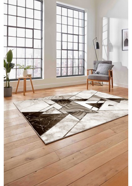 Baskılı Mermer Geometrik Model Kaymaz Yıkanabilir Yolluk Mutfak Salon Halısı, Mermer-77-Kahve,