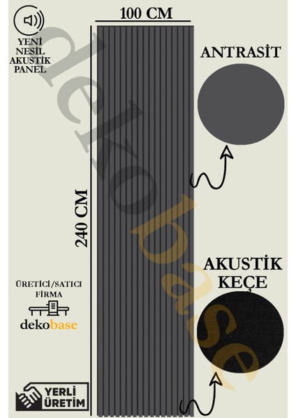 100 x 240 cm Antrasit Renk Akustik Ahşap Duvar Paneli