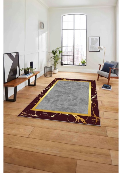 Baskılı Mermer Çerçeveli Modern Kaymaz Yıkanabilir Yolluk Mutfak Salon Halısı, Mermer-67-Bordo,