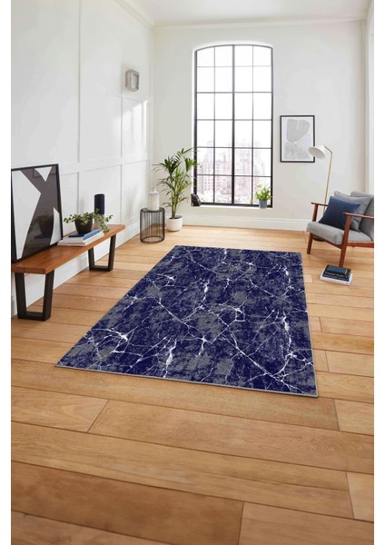 Dijital Baskılı Mermer Zemin Sade Kaymaz Yıkanabilir Yolluk Mutfak Salon Halısı, Mermer-54-Lacivert,