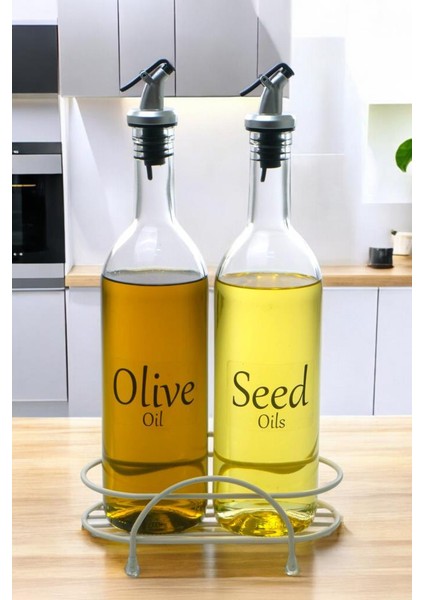 Luxe 2'li Krem Metal Standlı Yağdanlık Seti Şeffaf Etiketli Cam Yağlık 750 ml Cys-10