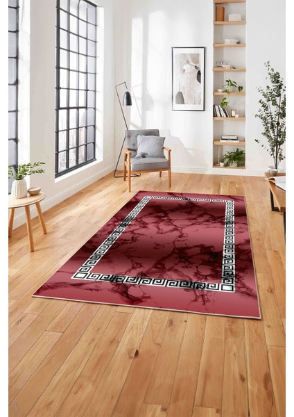 Baskılı Mermer Çerçeveli Model Kaymaz Yıkanabilir Yolluk Mutfak Salon Halısı, Mermer-48-Bordo, fırsatları