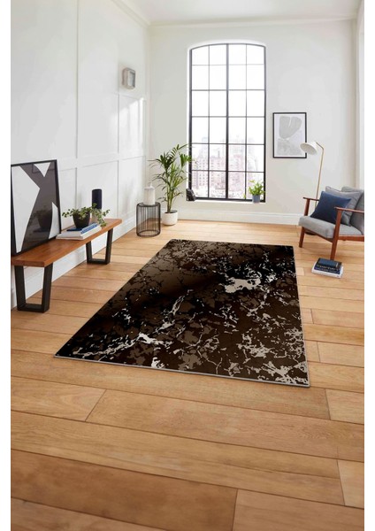 Baskılı Mermer Zemin Sade Modern Kaymaz Yıkanabilir Yolluk Mutfak Salon Halısı, Mermer-55-Kahve,