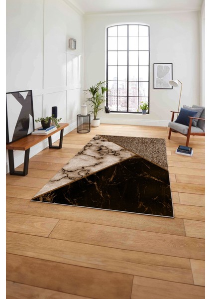 Baskılı Mermer Zeminli Kaymaz Yıkanabilir Yolluk Mutfak Salon Halısı, Mermer-57-Kahve,