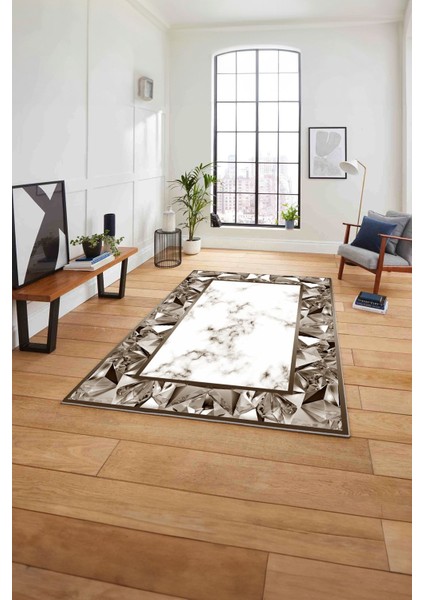 Baskılı Mermer Çerçeve Modern Sade Kaymaz Yıkanabilir Yolluk Mutfak Salon Halısı, Mermer-71-Kahve,