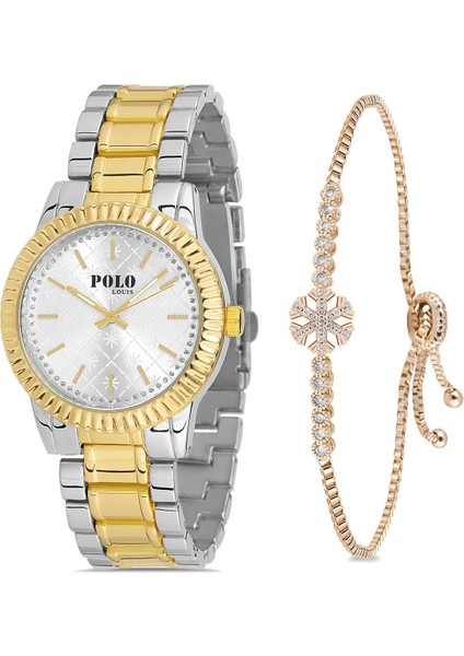 Kar Tanesi Detaylı Kadın Kol Saati ve Zirkon Taşlı Kar Tanesi Bileklik Sarı-Gümüş Renk