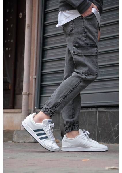 Erkek Jogger Kargo Cepli Kot Pantolon - Lastikli Bel ve Paça, Yıkamalı Denim