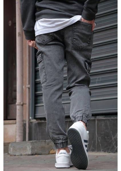 Erkek Jogger Kargo Cepli Kot Pantolon - Lastikli Bel ve Paça, Yıkamalı Denim