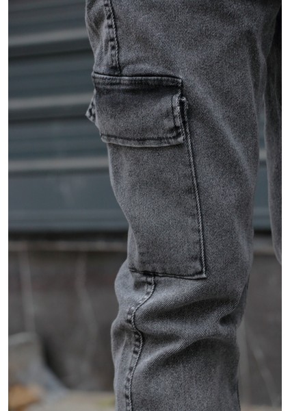 Erkek Jogger Kargo Cepli Kot Pantolon - Lastikli Bel ve Paça, Yıkamalı Denim