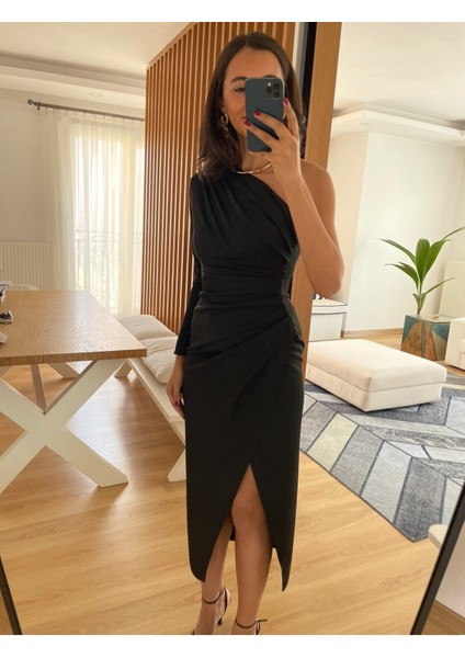 Siyah Drapeli Tek Omuz Premium Elbise M