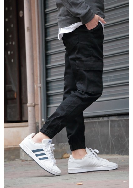 Erkek Siyah Jogger Kargo Cepli Kot Pantolon - Lastikli Bel ve Paça, Yıkamalı Denim