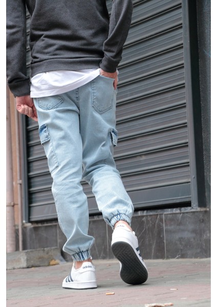 Erkek Buz Mavisi Jogger Kargo Cepli Kot Pantolon - Lastikli Bel ve Paça, Yıkamalı Denim fiyatları
