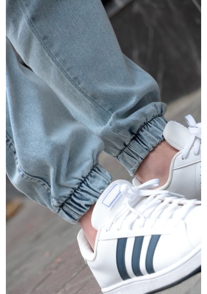 Erkek Buz Mavisi Jogger Kargo Cepli Kot Pantolon - Lastikli Bel ve Paça, Yıkamalı Denim modelleri