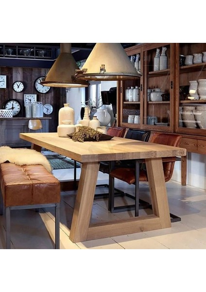 Lykia Doğal Ahşap Kalın Ahşap Ayaklı Yemek Masası