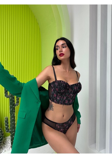 Kadın Simli Çiçek Desenli Destekli Siyah Bustiyer Takım,tanga Çiçekli Iç Çamaşırı, Bralet Takımı fiyatları