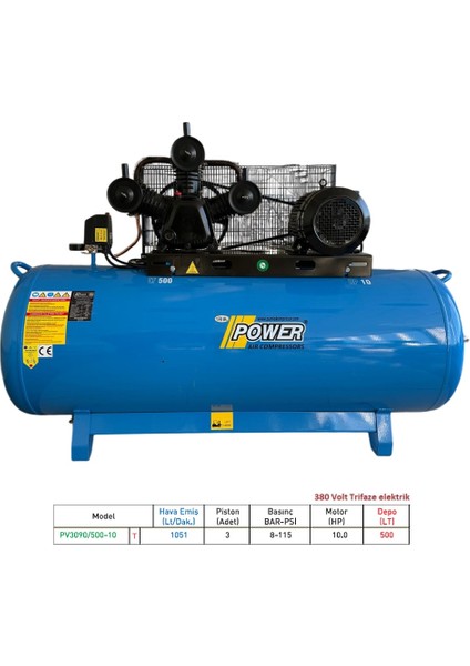 500 Lt Hava Kompresörü 10 Hp, 3 Piston, 8 Bar Döküm Kafalı Yağlı 380 V
