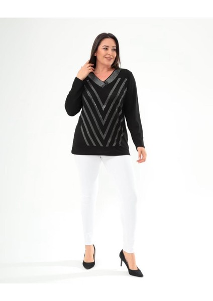 Kadın Gümüş Taşlı V Yaka Düz Kol Siyah Bluz fiyatları