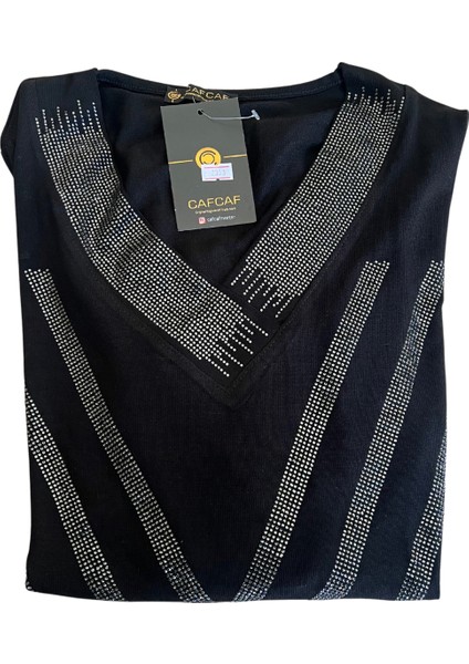 Kadın Gümüş Taşlı V Yaka Düz Kol Siyah Bluz indirimleri