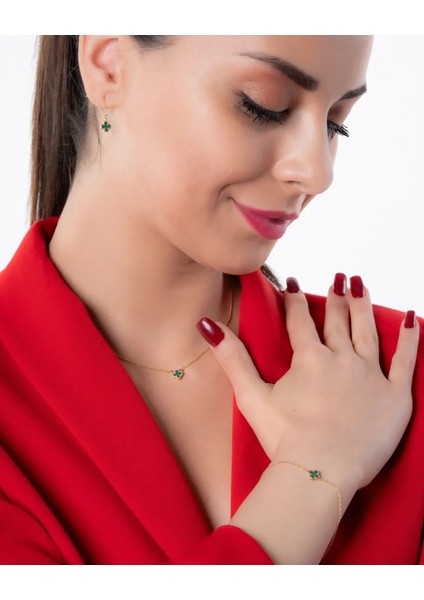 Yeşil Malakit Taşlı Altın Yonca Kolye Set (Kolye, Bileklik, Küpe) - 8 Ayar