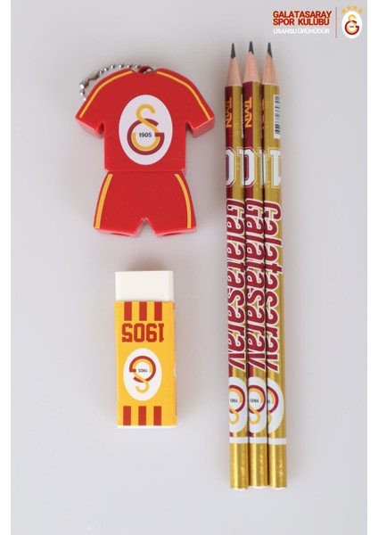 LİSANSLI GALATASARAY 5 ADET KURŞUN KALEM,LOGO SİLGİ VE KALEMTRAŞ SETİ